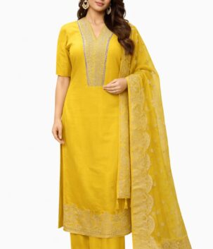 Women mustard pure silk suit set with embroidered neck and Banarasi dupatta