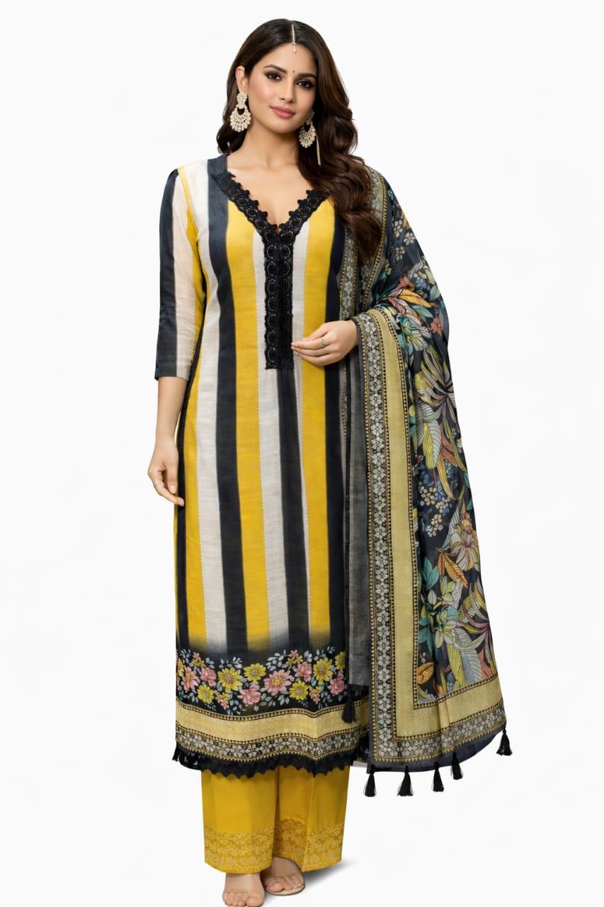 Women’s Striped Cotton Suit Set with Lace Detail & Digital Print Dupatta - Image 4