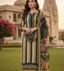 Women striped cotton suit set with lace detail and digital print dupatta