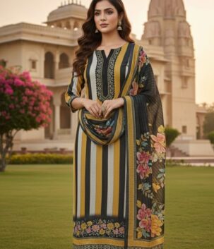 Women striped cotton suit set with lace detail and digital print dupatta