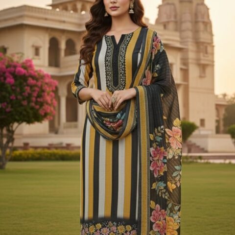 Women striped cotton suit set with lace detail and digital print dupatta