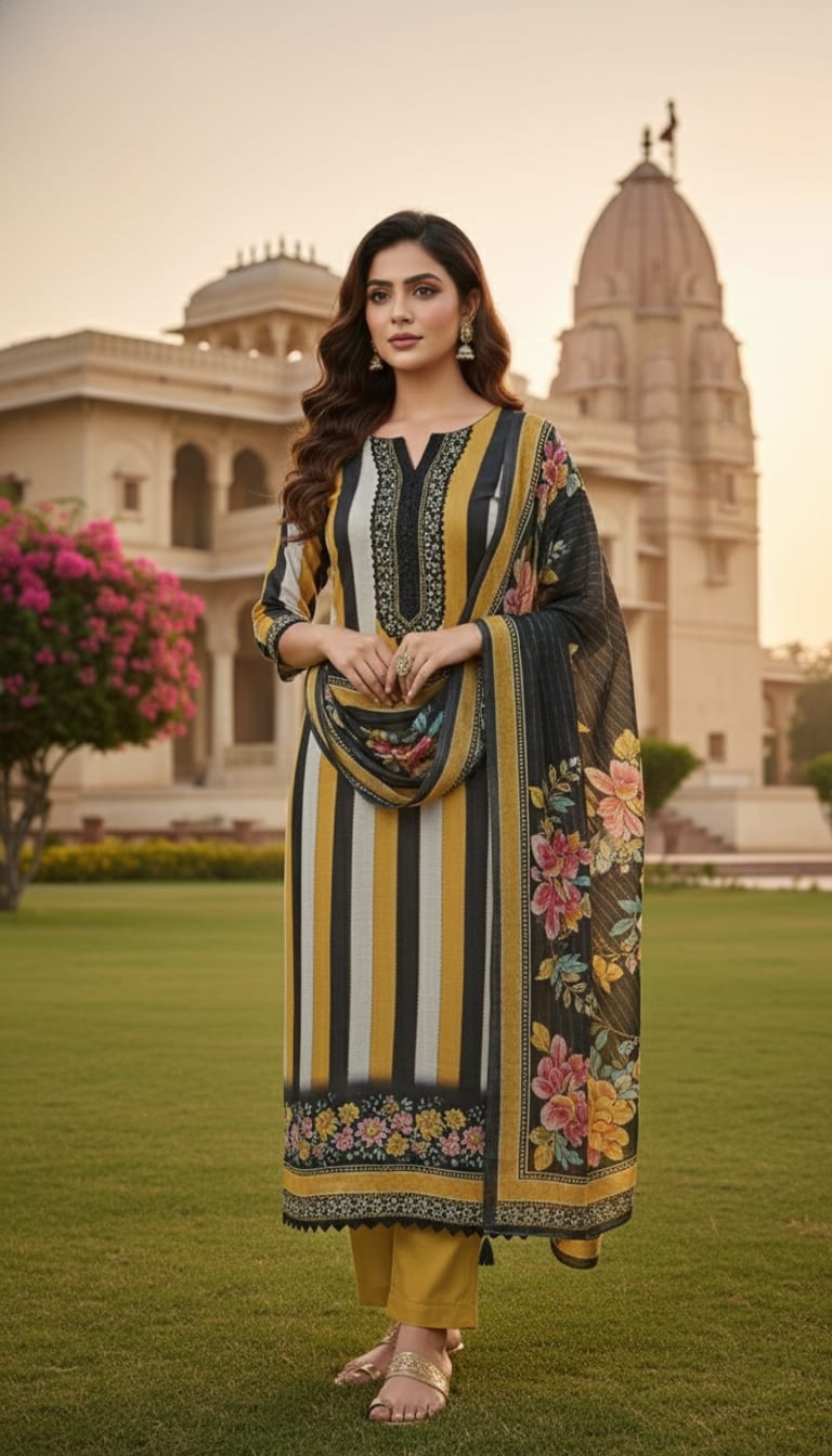 Women striped cotton suit set with lace detail and digital print dupatta