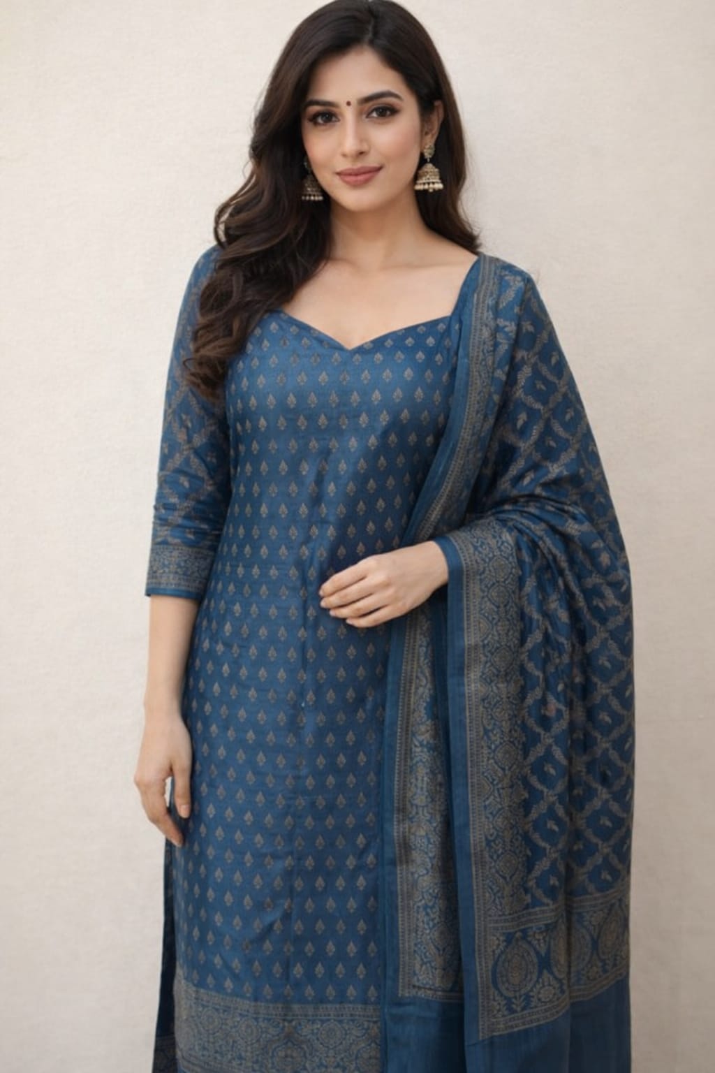 Elegant teal blue festive suit set with woven dupatta