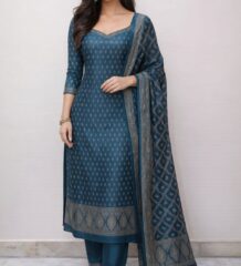 Women teal blue woven suit set with dupatta for festive wear