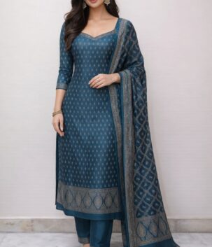 Women teal blue woven suit set with dupatta for festive wear