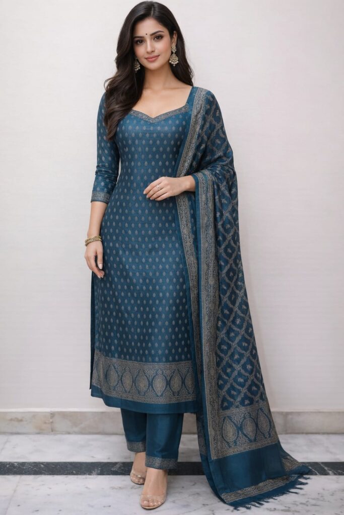 Women teal blue woven suit set with dupatta for festive wear