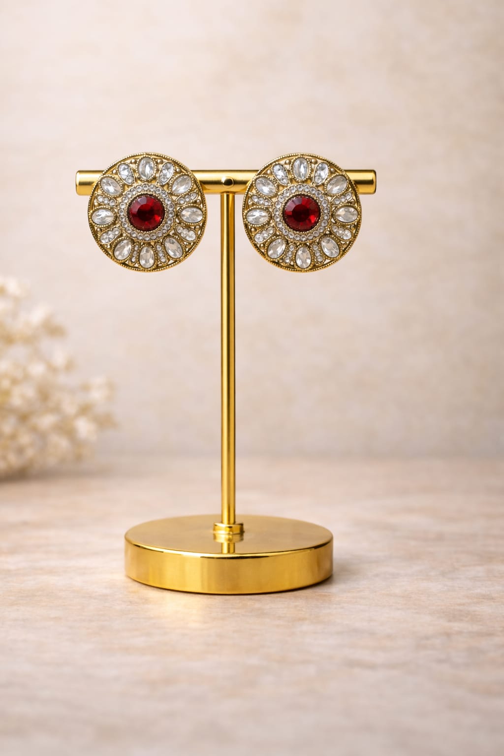 kundan red stone stud earrings gold floral design traditional jewelry women