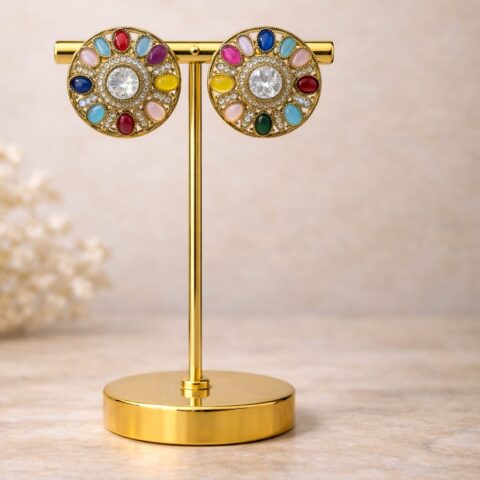 round multicolor stone stud earrings for women kundan style festive jewellery